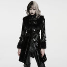 PUNK RAVE Women's Punk Stand Collar Faux Fur Panel Patent Faux Leather Long Jacket Black
