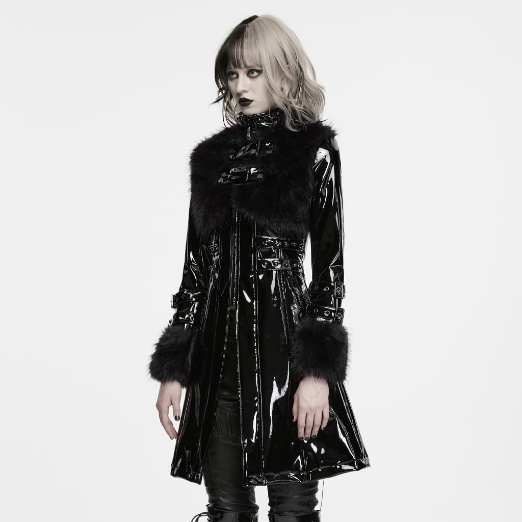 PUNK RAVE Women's Punk Stand Collar Faux Fur Panel Patent Faux Leather Long Jacket Black