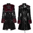 PUNK RAVE Women's Punk Stand Collar Faux Fur Panel Patent Faux Leather Long Jacket Black-Red