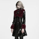 PUNK RAVE Women's Punk Stand Collar Faux Fur Panel Patent Faux Leather Long Jacket Black-Red