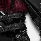 PUNK RAVE Women's Punk Stand Collar Faux Fur Panel Patent Faux Leather Long Jacket Black-Red