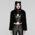 PUNK RAVE Women's Punk Stand Collar Faux Fur Short Jacket Black