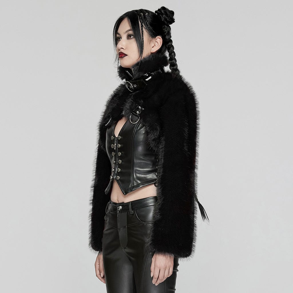 PUNK RAVE Women's Punk Stand Collar Faux Fur Short Jacket Black