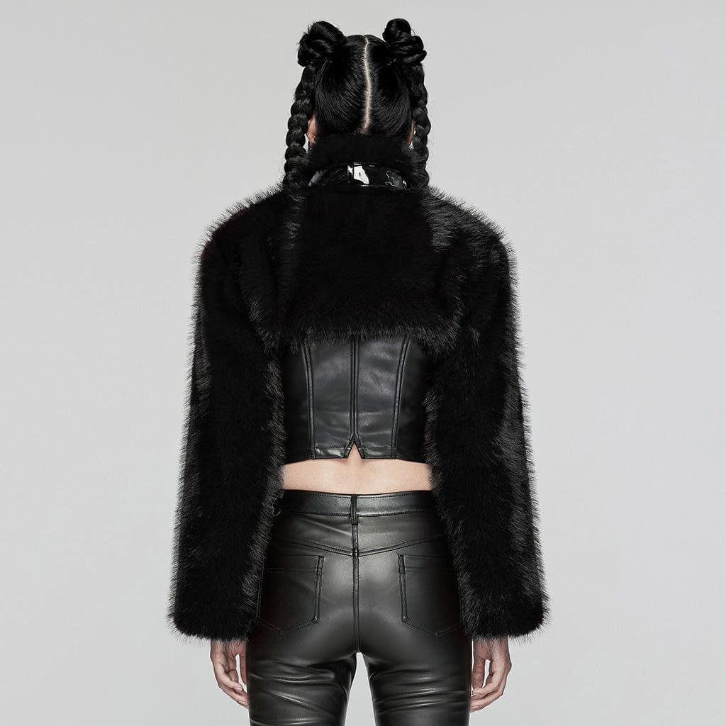 PUNK RAVE Women's Punk Stand Collar Faux Fur Short Jacket Black