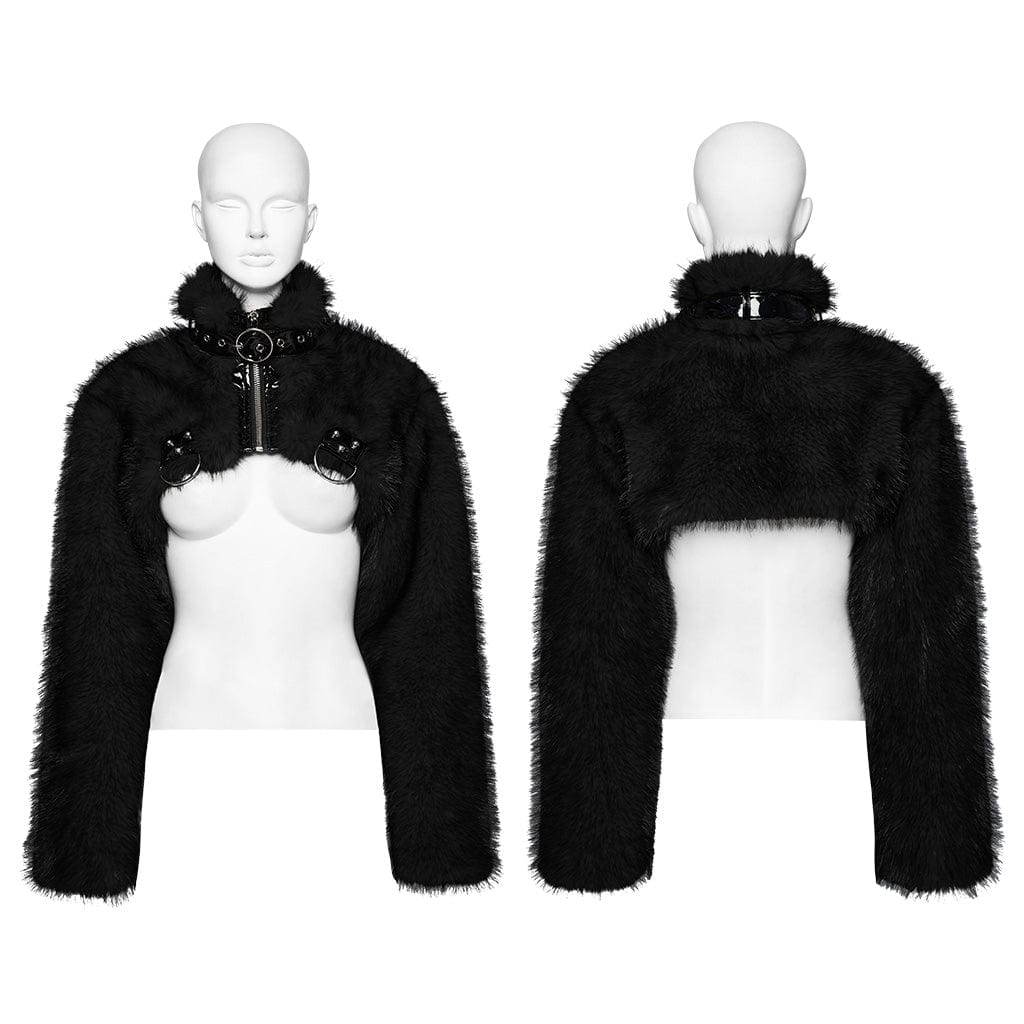 PUNK RAVE Women's Punk Stand Collar Faux Fur Short Jacket Black