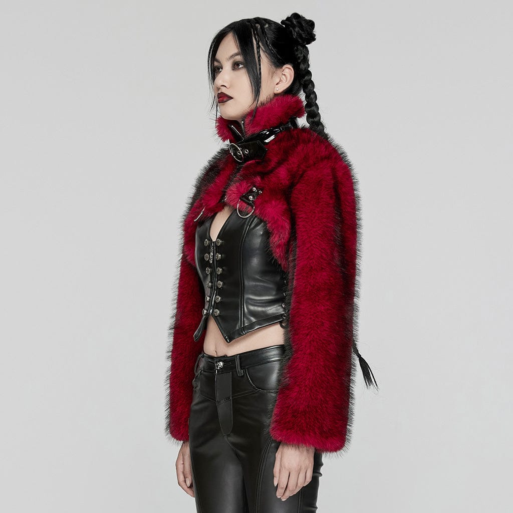 PUNK RAVE Women's Punk Stand Collar Faux Fur Short Jacket Red