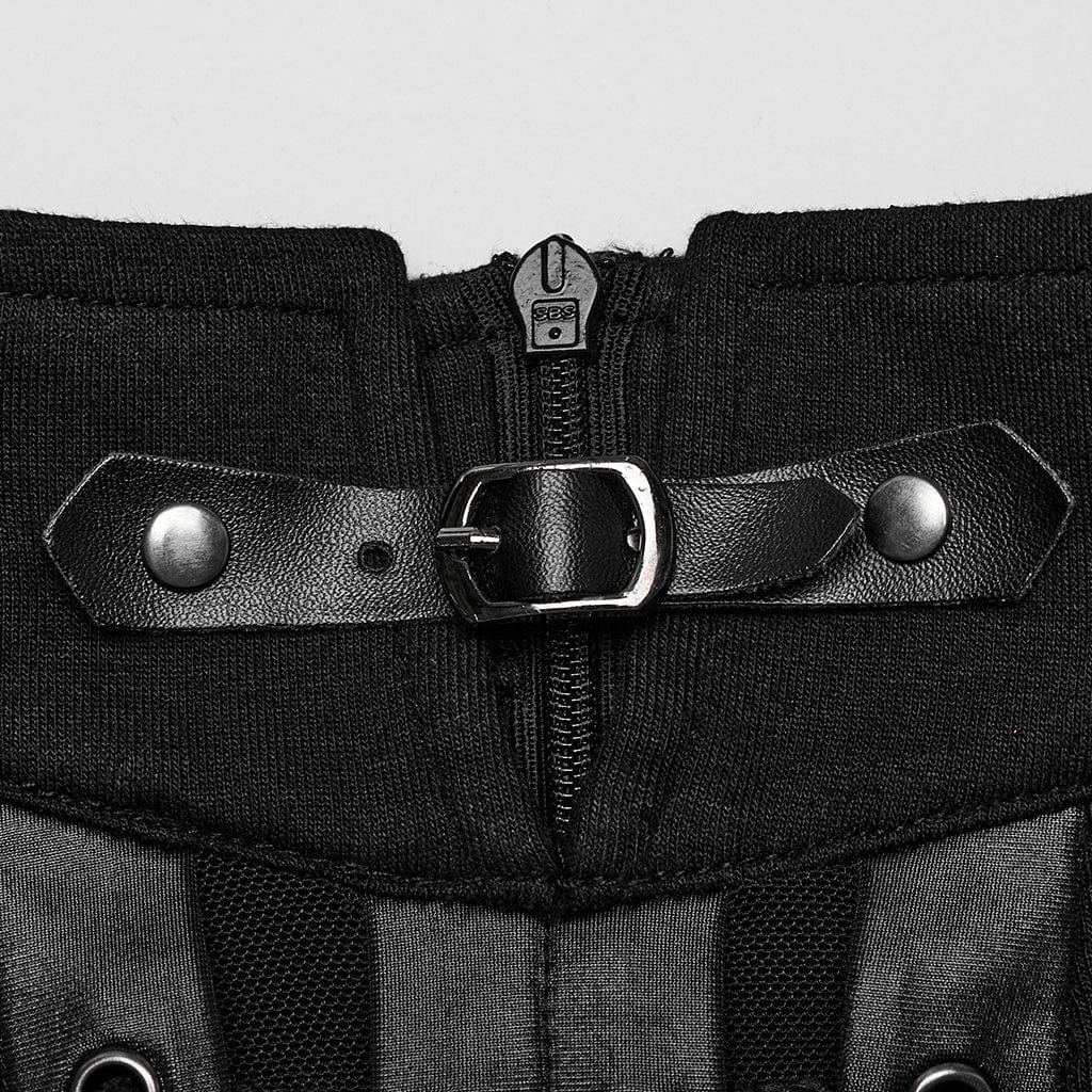 PUNK RAVE Women's Punk Stand Collar Mesh Splice Strappy Tank Top Black