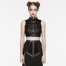 PUNK RAVE Women's Punk Stand Collar Mesh Splice Strappy Tank Top Black