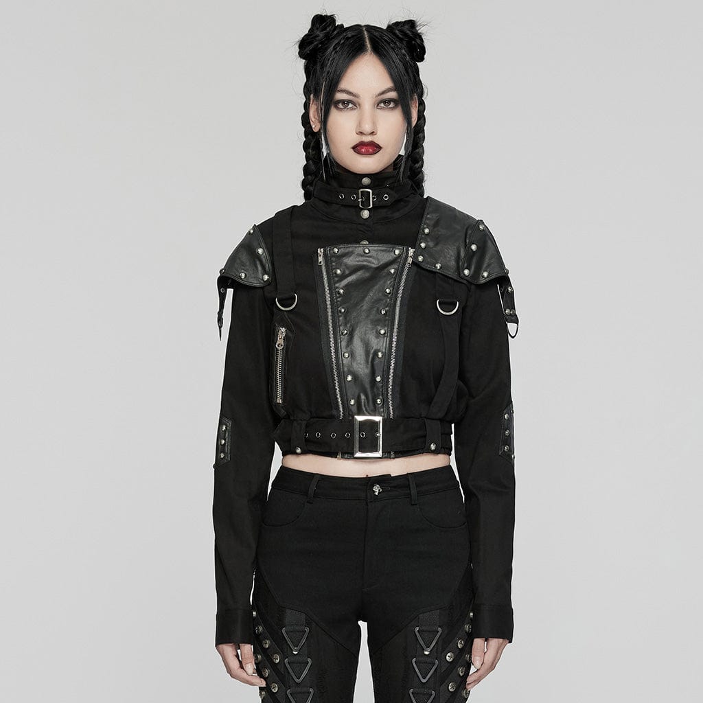 PUNK RAVE Women's Punk Stand Collar Patch Jacket