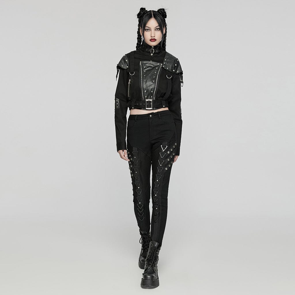 PUNK RAVE Women's Punk Stand Collar Patch Jacket