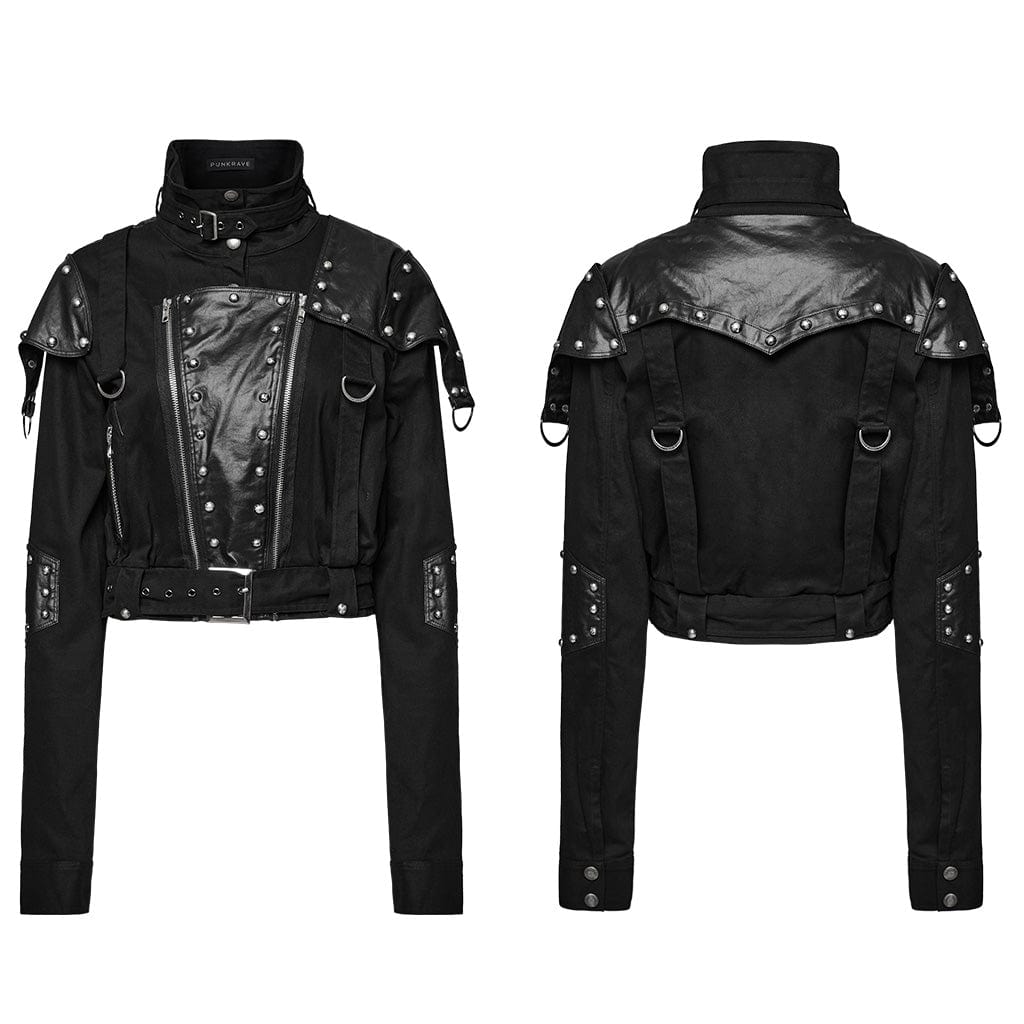 PUNK RAVE Women's Punk Stand Collar Patch Jacket