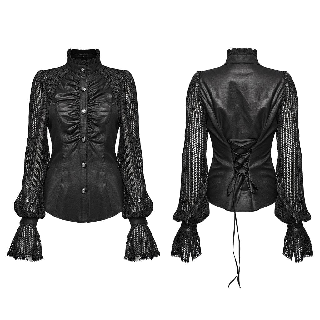 PUNK RAVE Women's Punk Stand Collar Ruched Mesh Splice Shirt