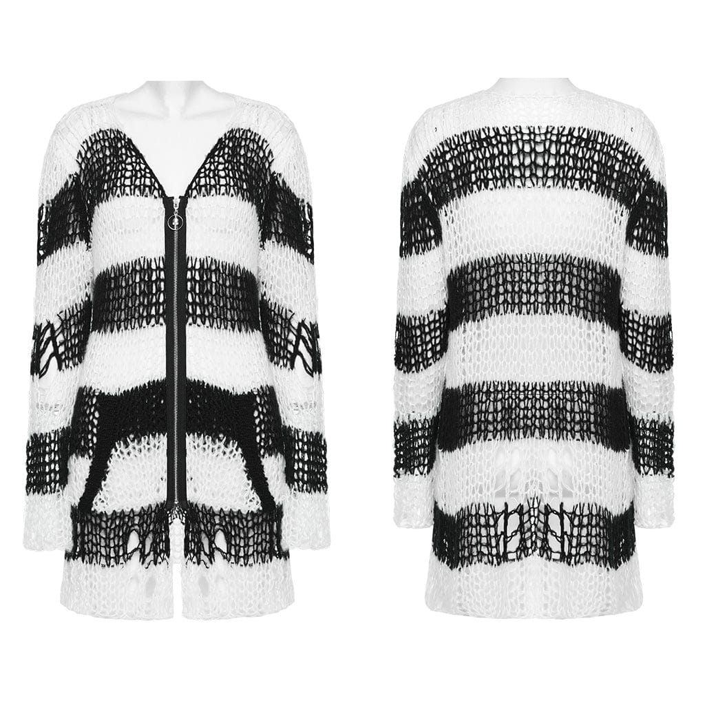 PUNK RAVE Women's Punk Striped Ripped Knitted Cardigan