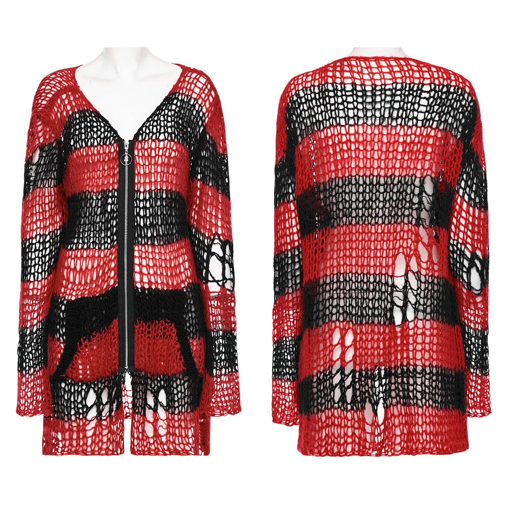 PUNK RAVE Women's Punk Striped Ripped Knitted Cardigan