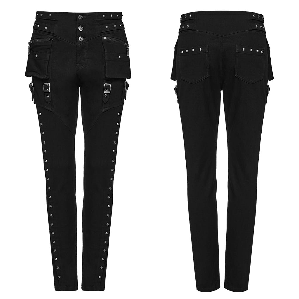 PUNK RAVE Women's Punk Studded Buckle Cargo Pocket Skinny Pants