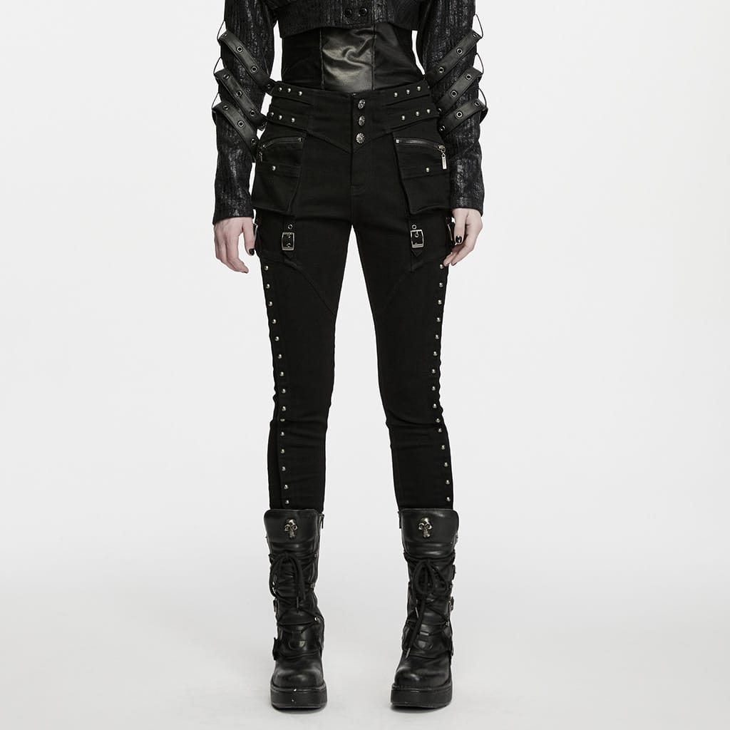 PUNK RAVE Women's Punk Studded Buckle Cargo Pocket Skinny Pants