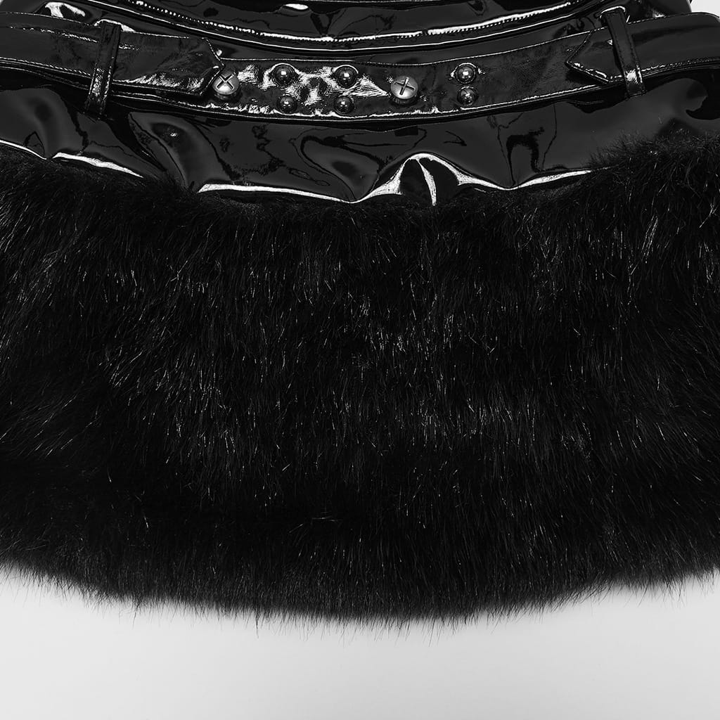 PUNK RAVE Women's Punk Studded Buckle Strap Faux Fur Panel Mini Skirt