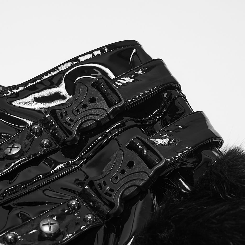 PUNK RAVE Women's Punk Studded Buckle Strap Faux Fur Panel Mini Skirt