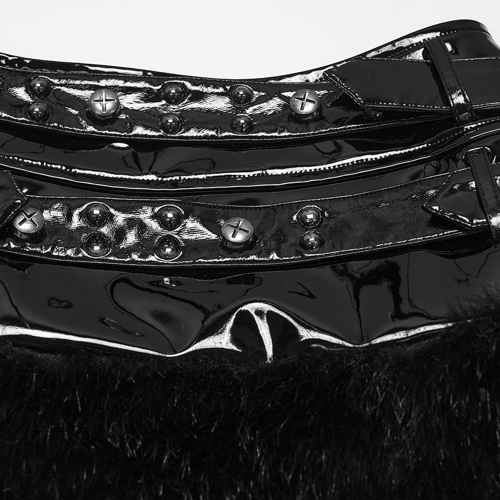 PUNK RAVE Women's Punk Studded Buckle Strap Faux Fur Panel Mini Skirt