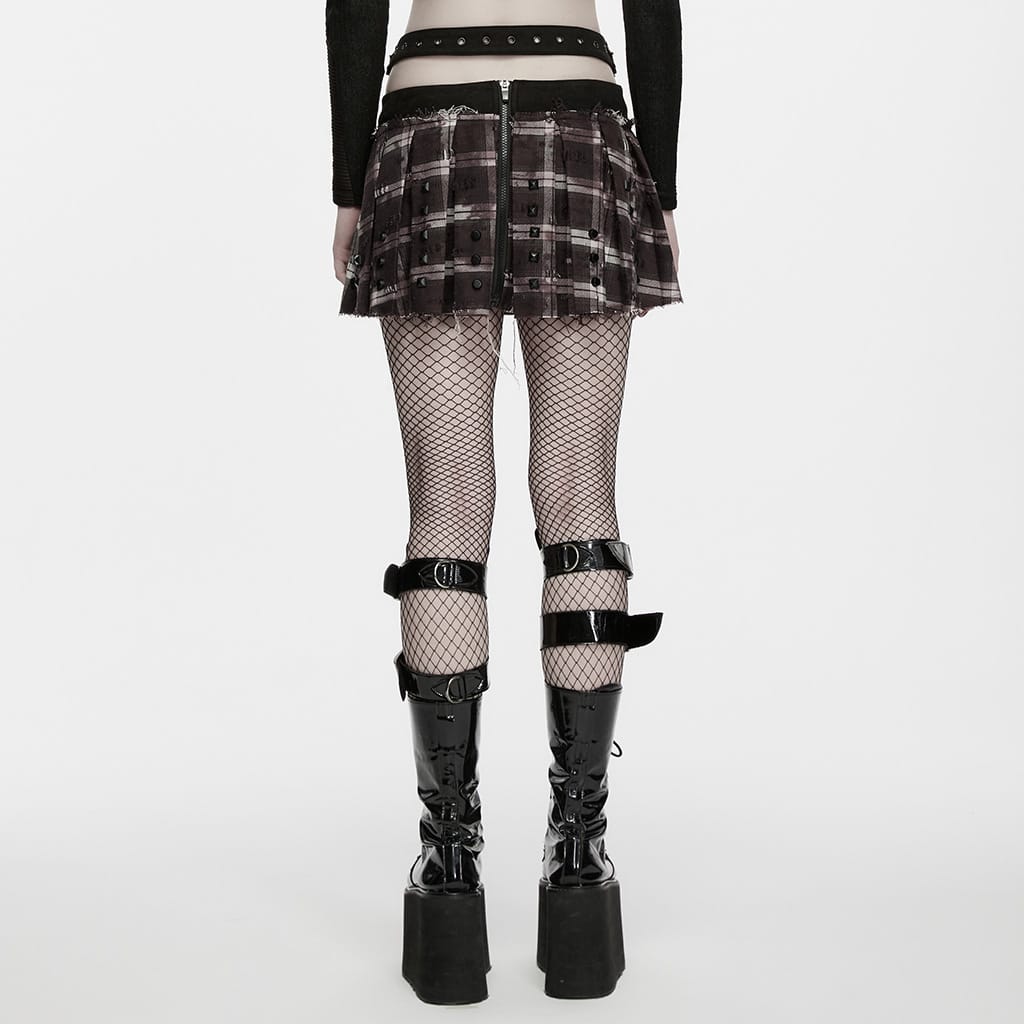 PUNK RAVE Women's Punk Studded Buckle Strap Plaid Pleated Skirt