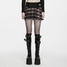 PUNK RAVE Women's Punk Studded Buckle Strap Plaid Pleated Skirt