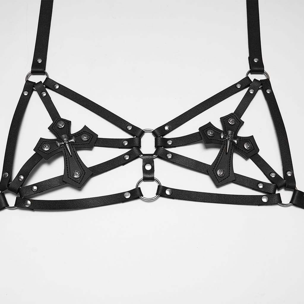 PUNK RAVE Women's Punk Studded Cross Halter Chest Body Harness