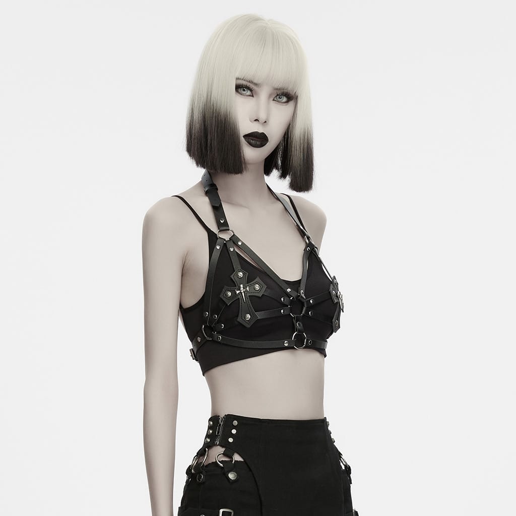 PUNK RAVE Women's Punk Studded Cross Halter Chest Body Harness