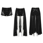 PUNK RAVE Women's Punk Studded Distressed Shorts with Detachable Kilt