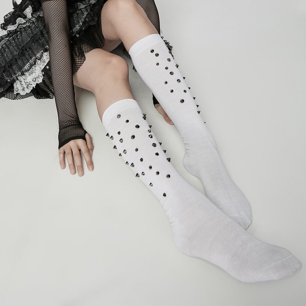 PUNK RAVE Women's Punk Studded Knee-high Socks White