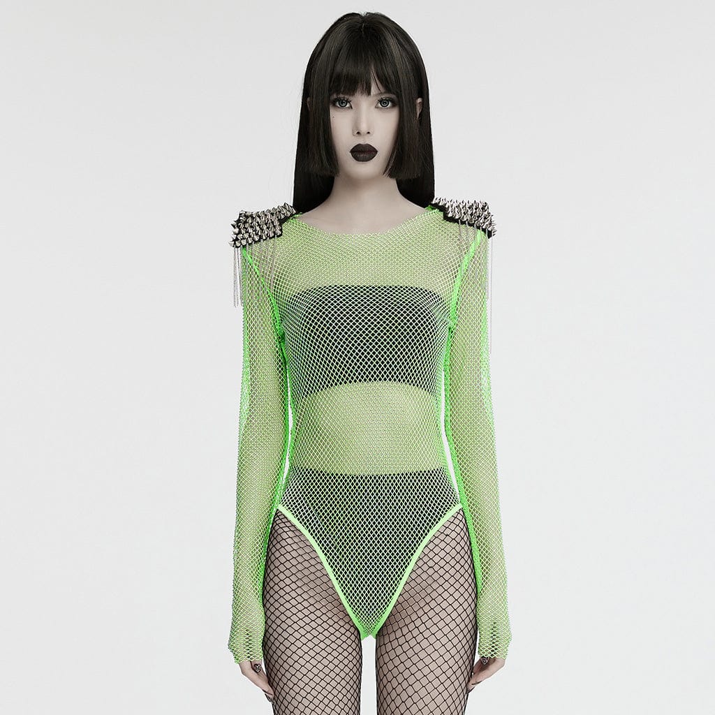 PUNK RAVE Women's Punk Studded Tassel Mesh Bodysuit Green