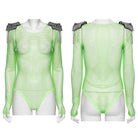 PUNK RAVE Women's Punk Studded Tassel Mesh Bodysuit Green