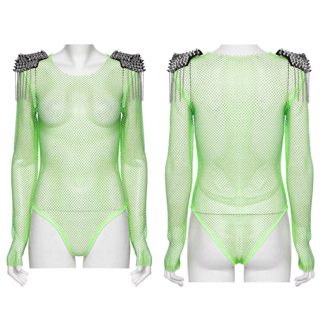 PUNK RAVE Women's Punk Studded Tassel Mesh Bodysuit Green