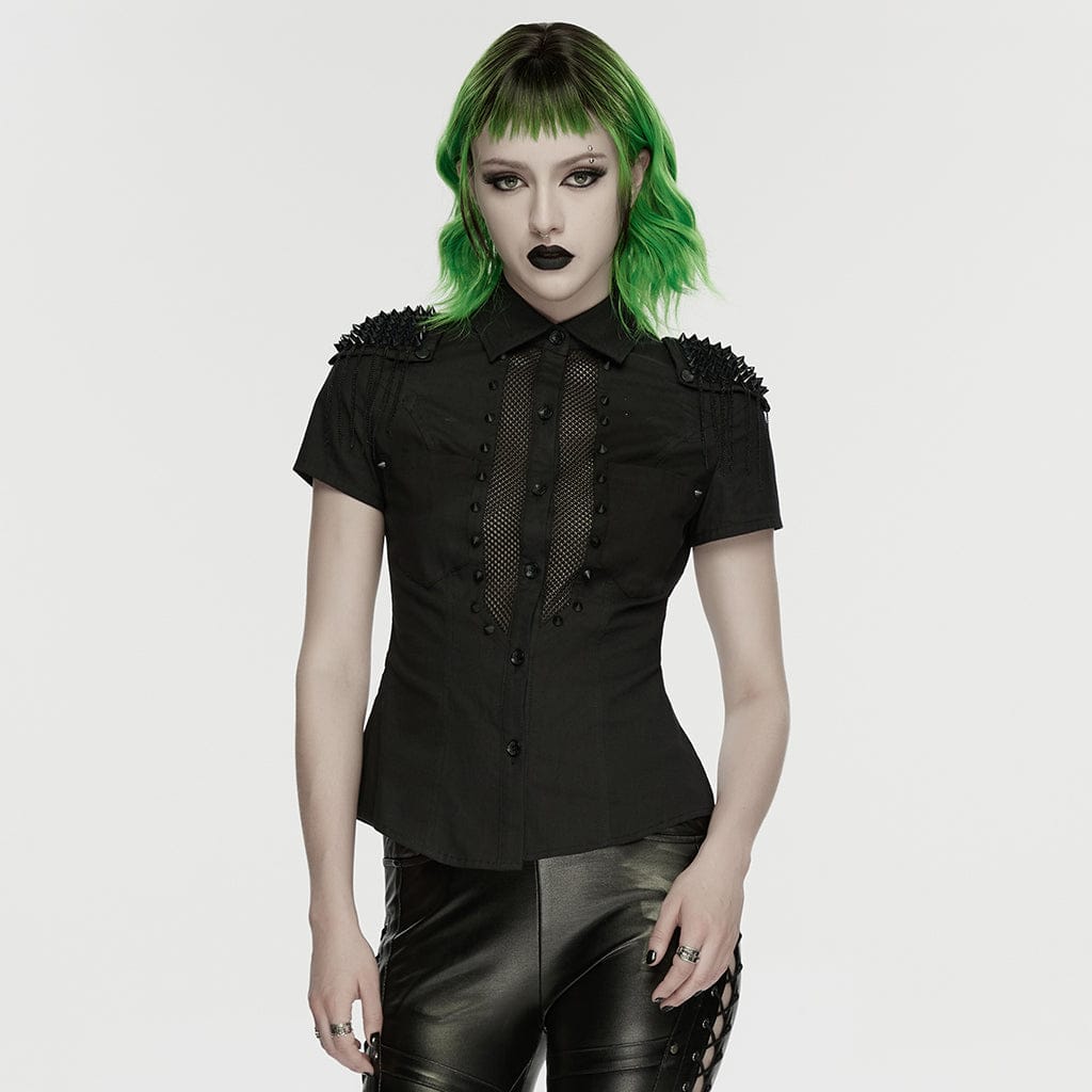 PUNK RAVE Women's Punk Studded Tassels Turn-down Collar Shirt