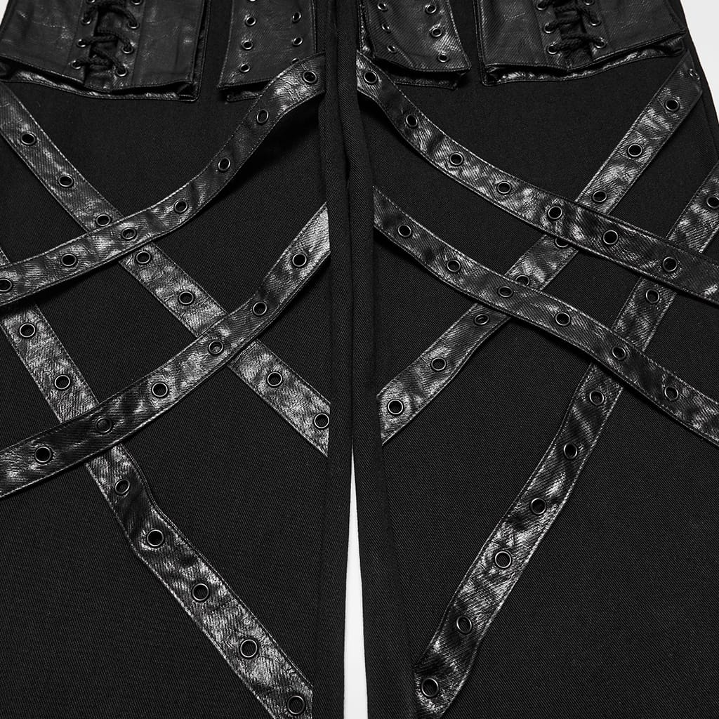 PUNK RAVE Women's Punk Thigh Buckle Crisscross Strap Multi Pocket Straight-leg Pants