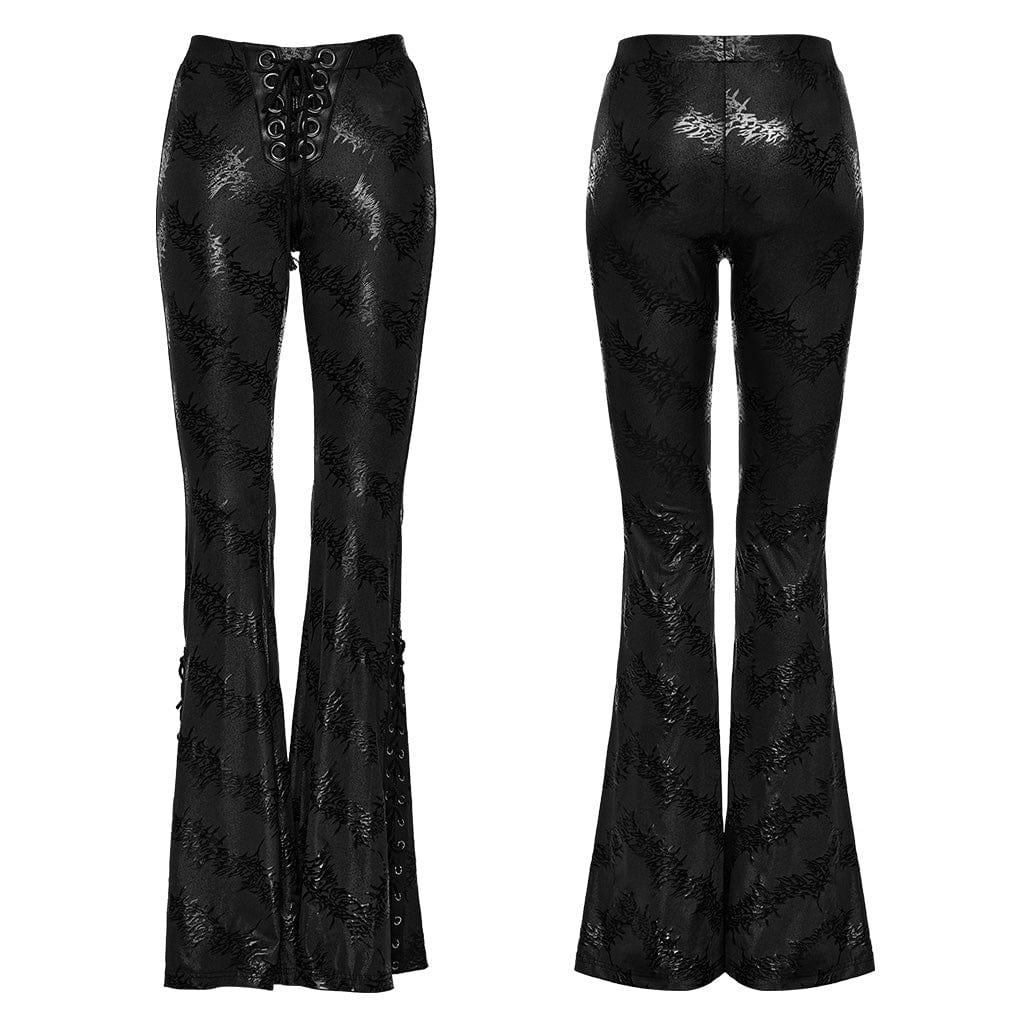 PUNK RAVE Women's Punk Thorns Printed Lace-up Flared Pants Black