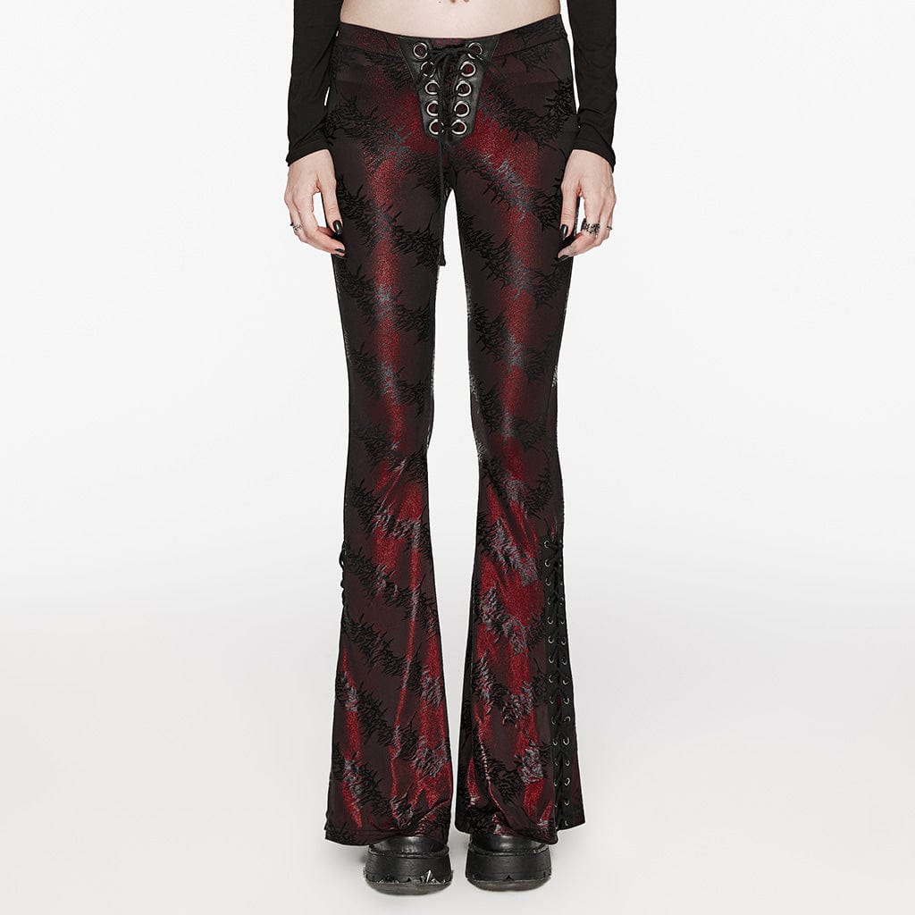 PUNK RAVE Women's Punk Thorns Printed Lace-up Flared Pants Red