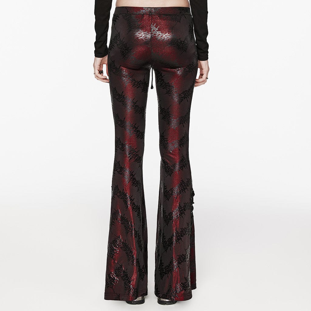 PUNK RAVE Women's Punk Thorns Printed Lace-up Flared Pants Red