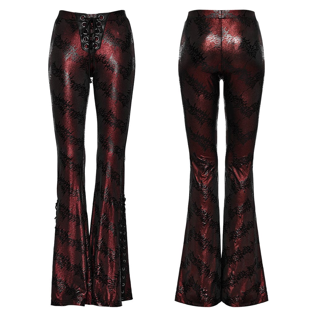 PUNK RAVE Women's Punk Thorns Printed Lace-up Flared Pants Red
