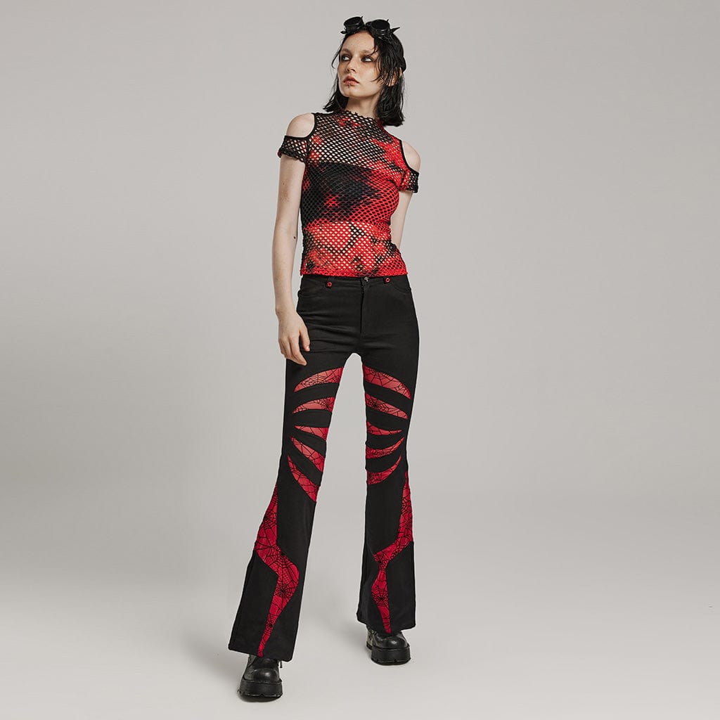 PUNK RAVE Women's Punk Tie-dyed Cutout Mesh Top Black-Red