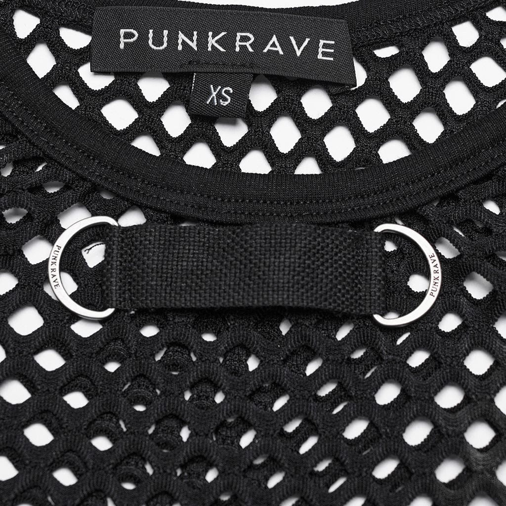 PUNK RAVE Women's Punk Tie-dyed Mesh Tank Top Black