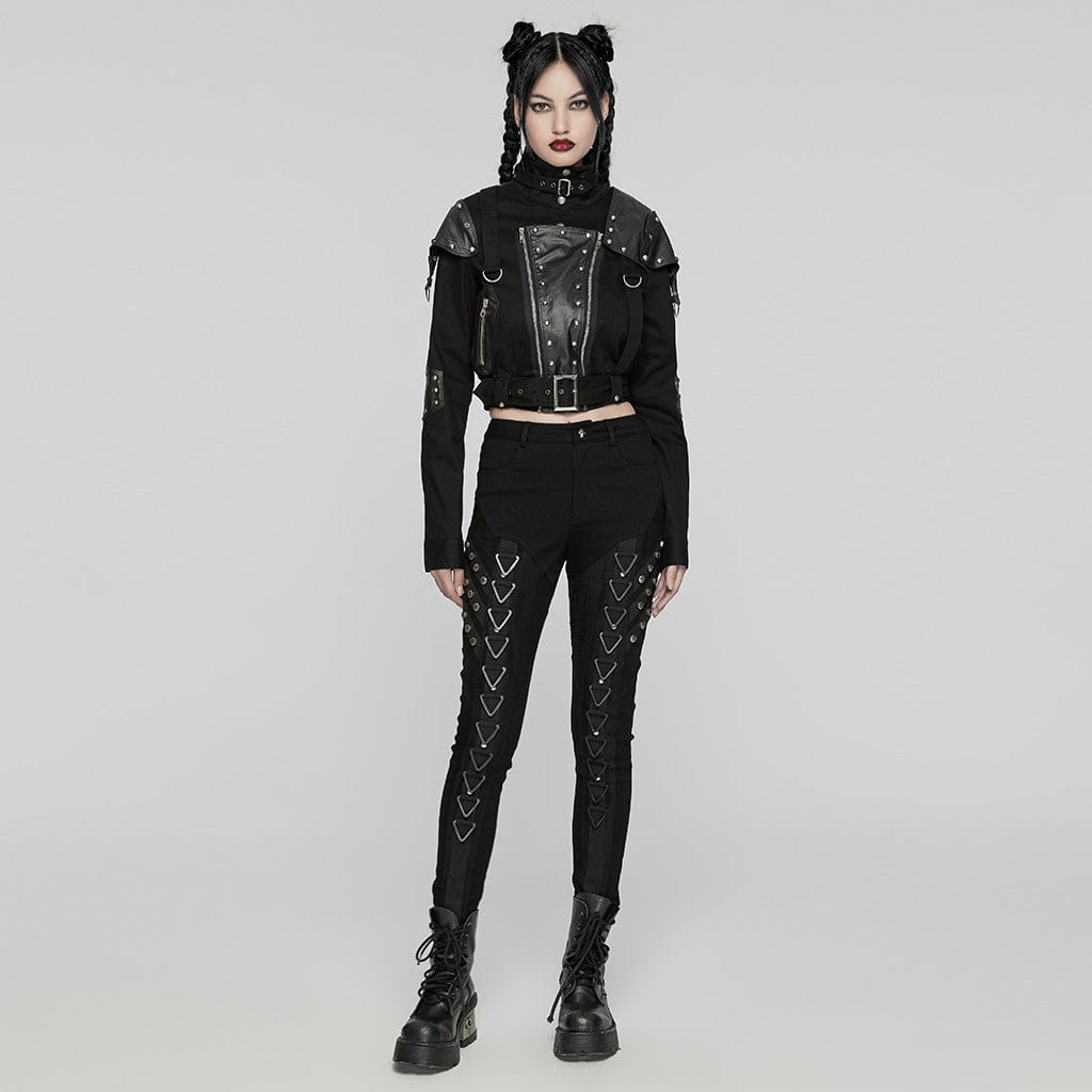 PUNK RAVE Women's Punk Triangular Buckle Splice Mesh Pants