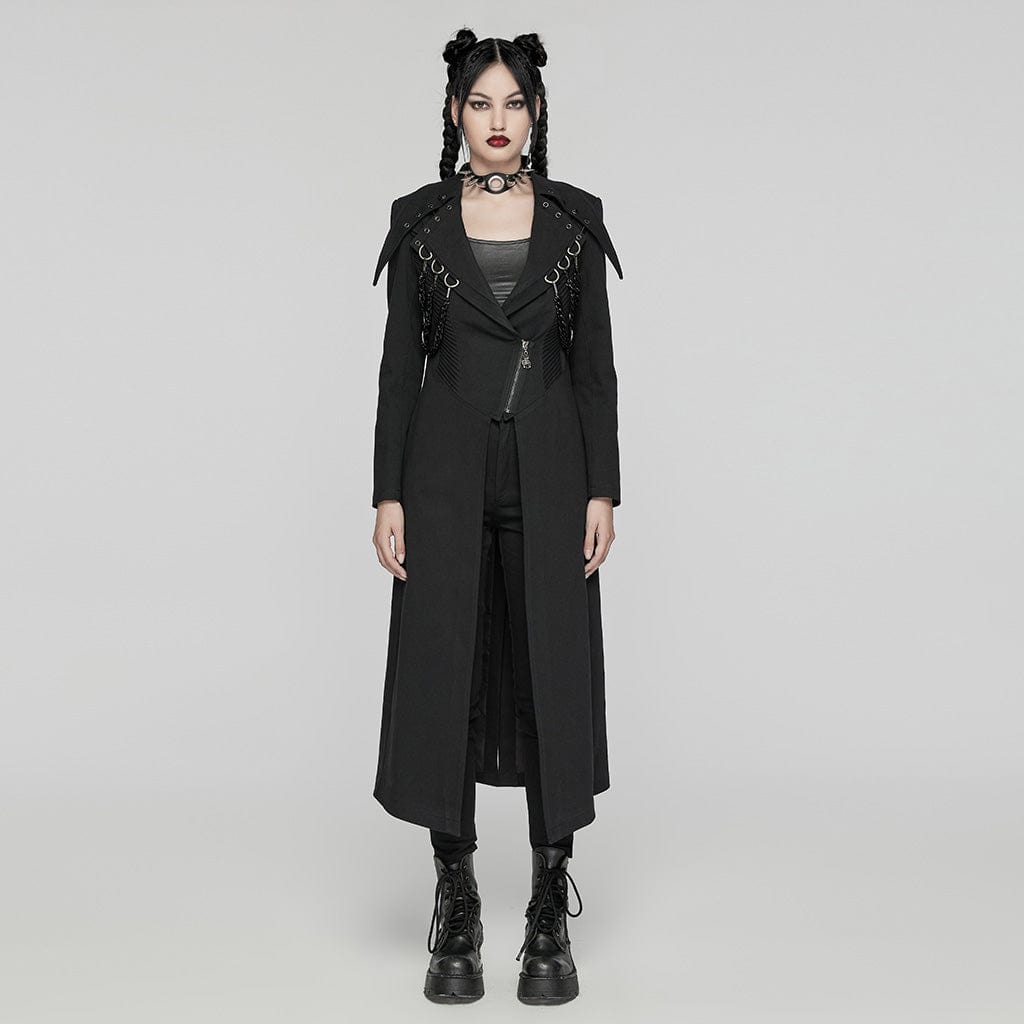 PUNK RAVE Women's Punk Turn Down Collar Metal Chains Long Coat