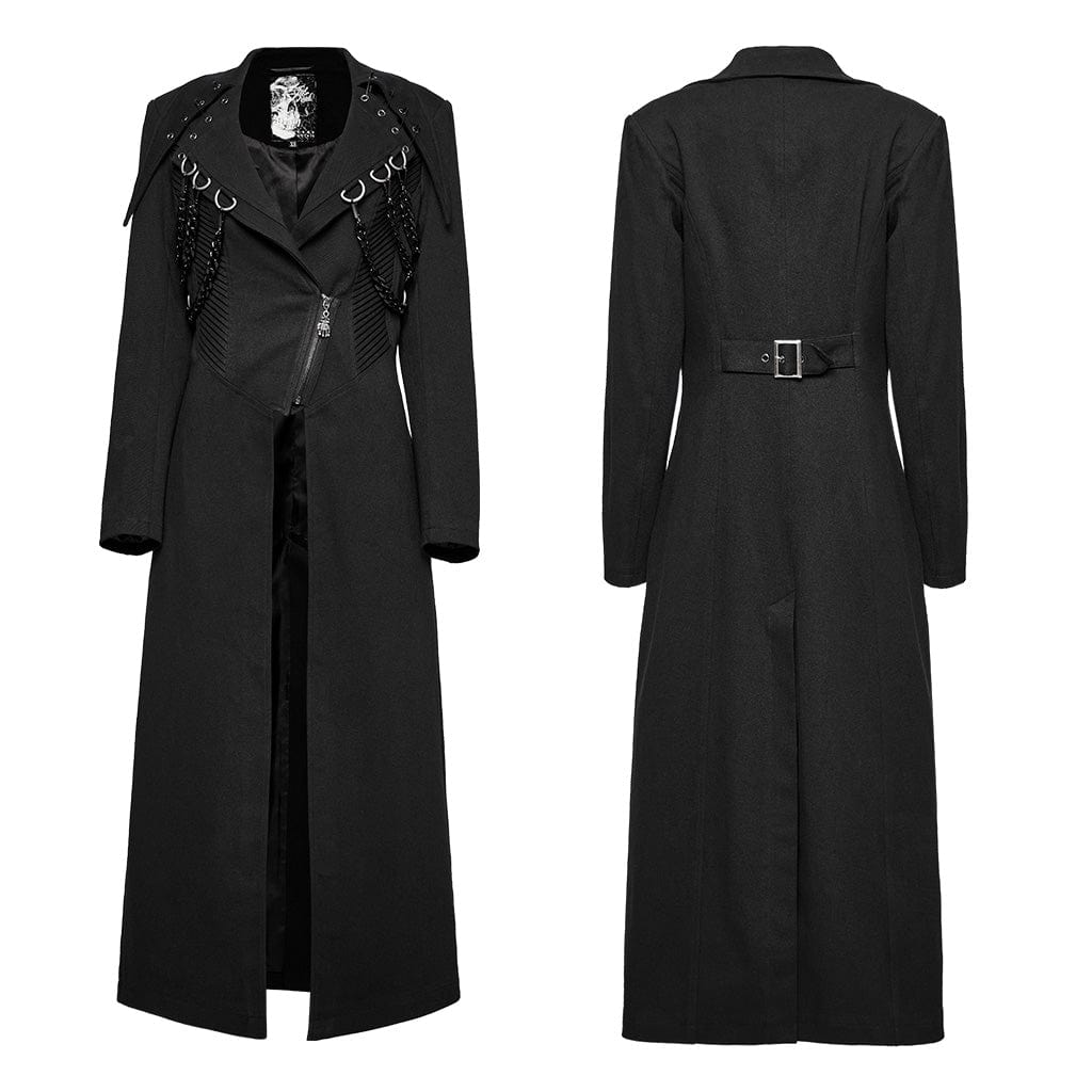 PUNK RAVE Women's Punk Turn Down Collar Metal Chains Long Coat