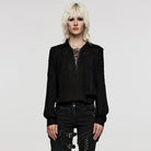 PUNK RAVE Women's Punk Turn-down Collar Ruched Shirt