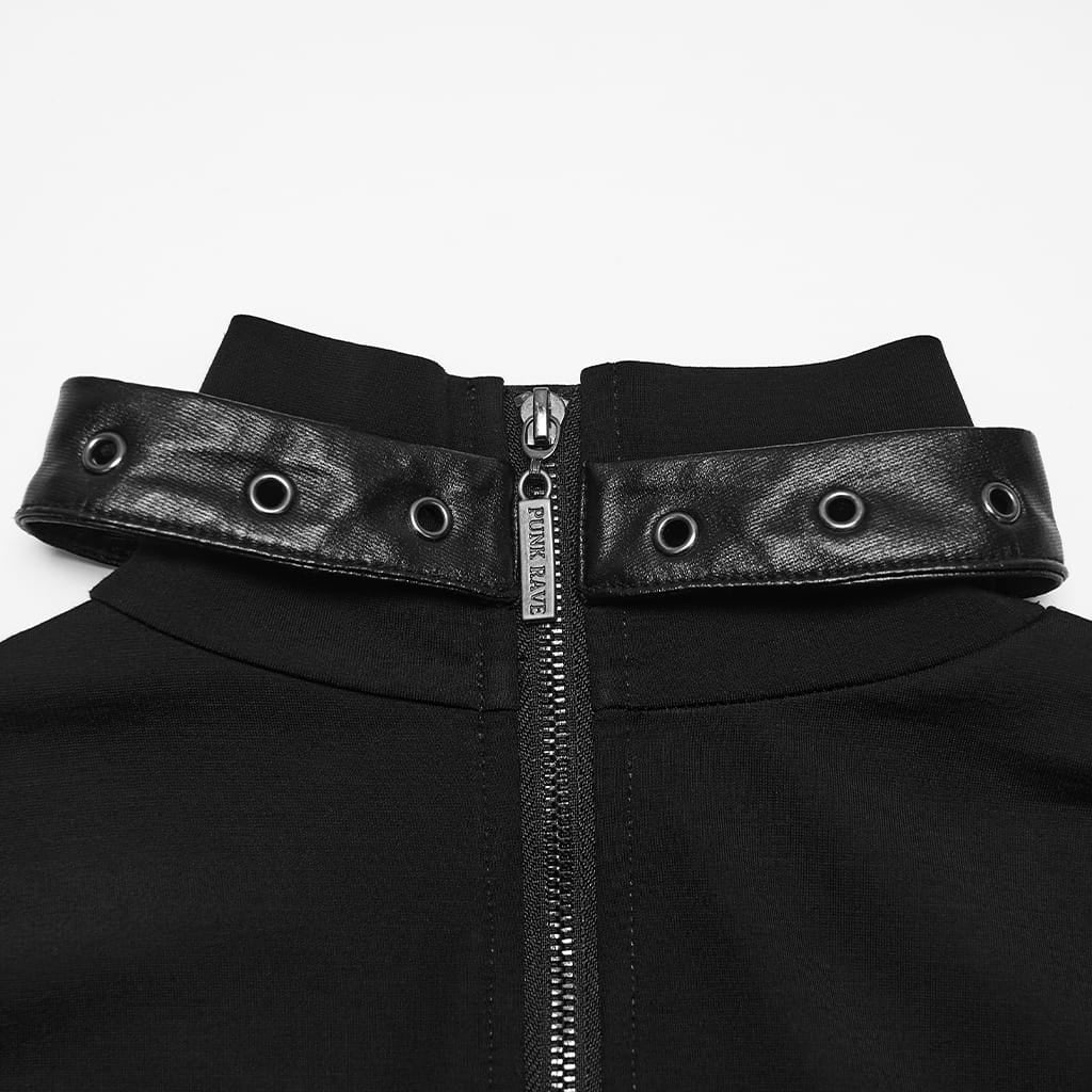 PUNK RAVE Women's Punk Turtleneck Eyelet Buckle Strap Long Sleeve Top