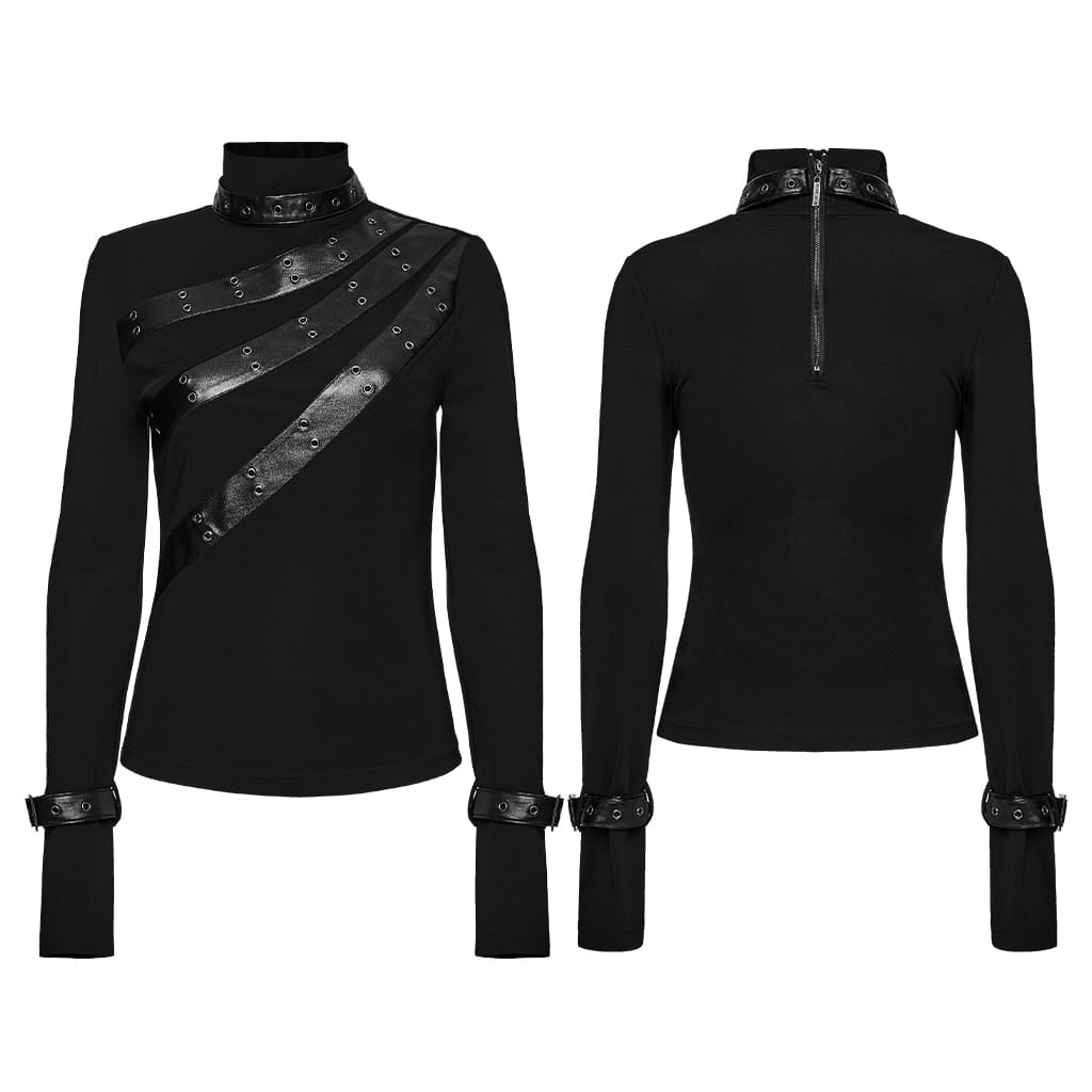 PUNK RAVE Women's Punk Turtleneck Eyelet Buckle Strap Long Sleeve Top