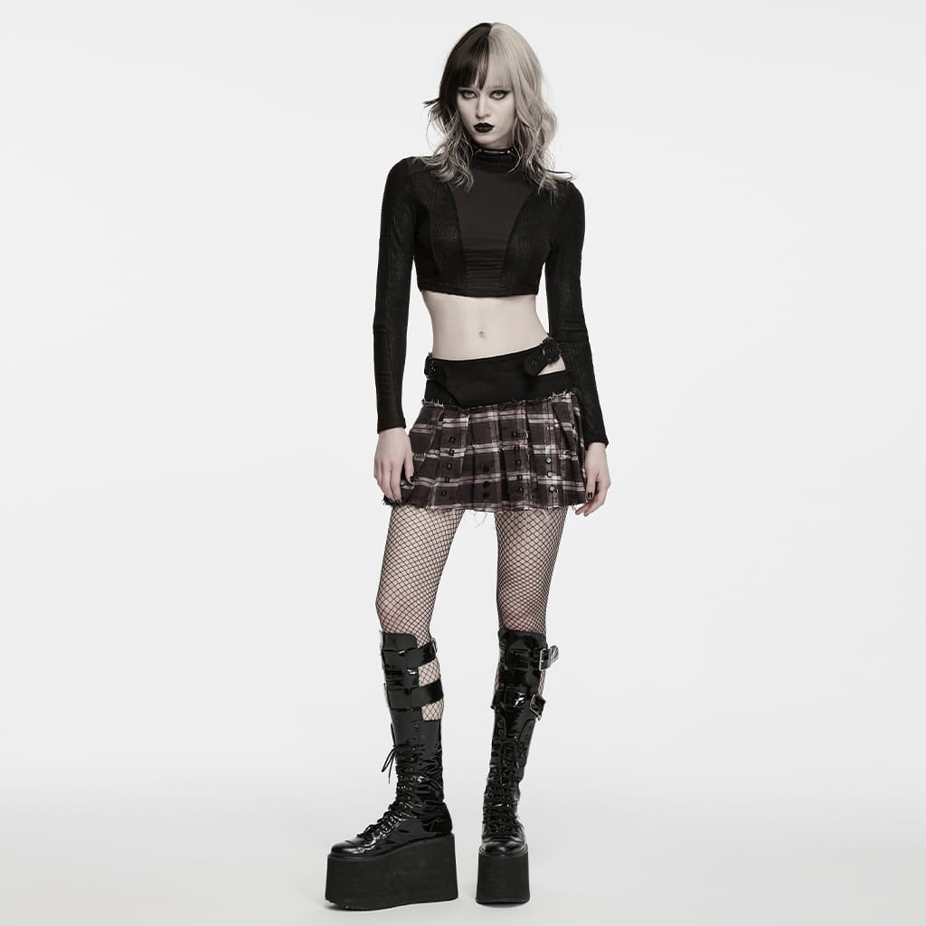 PUNK RAVE Women's Punk Turtleneck Long Sleeve Crop Top