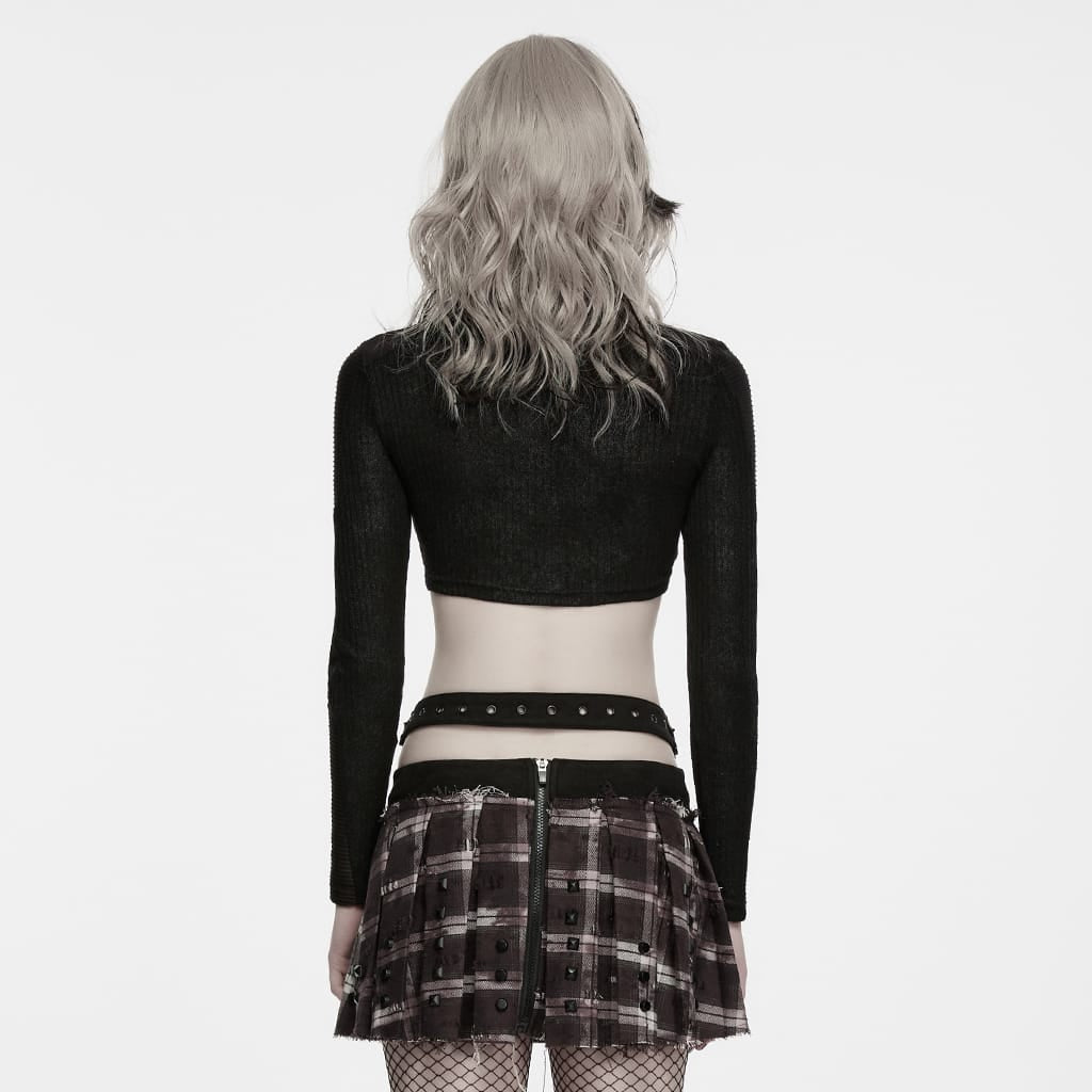 PUNK RAVE Women's Punk Turtleneck Long Sleeve Crop Top