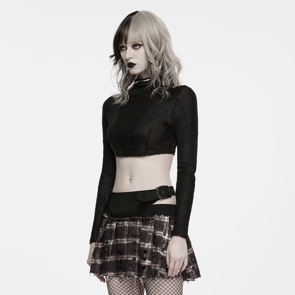PUNK RAVE Women's Punk Turtleneck Long Sleeve Crop Top
