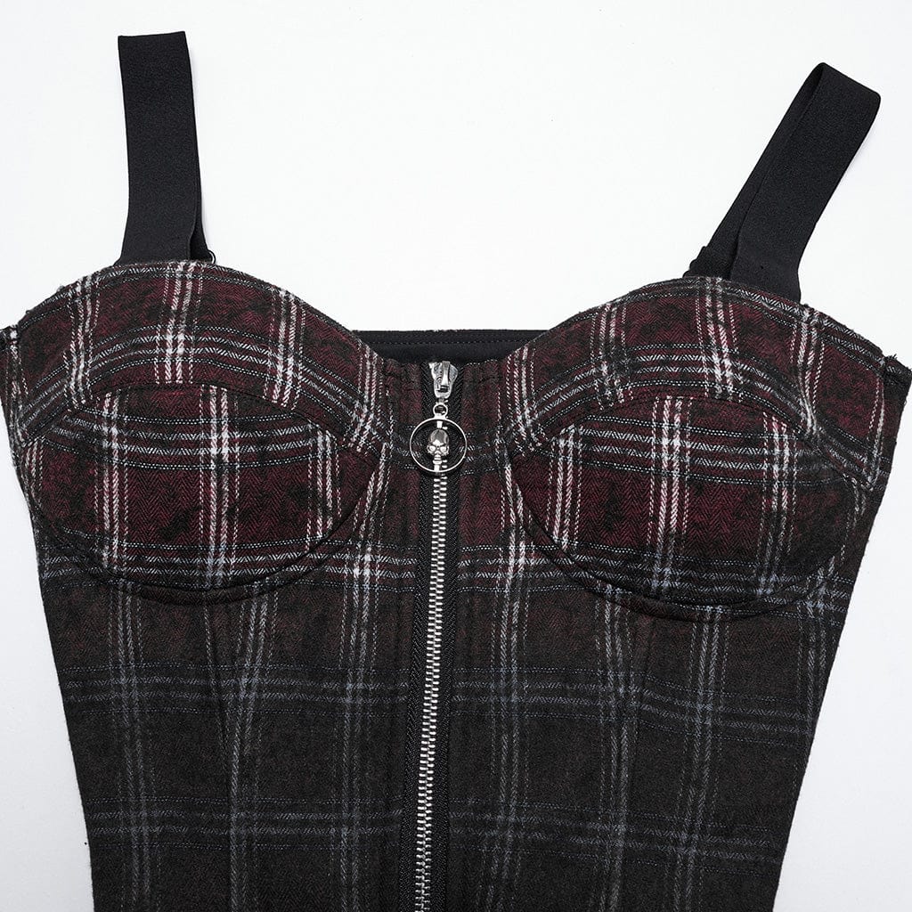 PUNK RAVE Women's Punk Zipper Gradient Plaid Vest